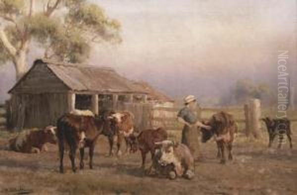 Tending The Cows Oil Painting by Jan Hendrik Scheltema