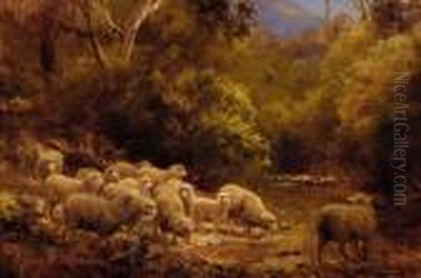 Sheep At A Creek Oil Painting by Jan Hendrik Scheltema