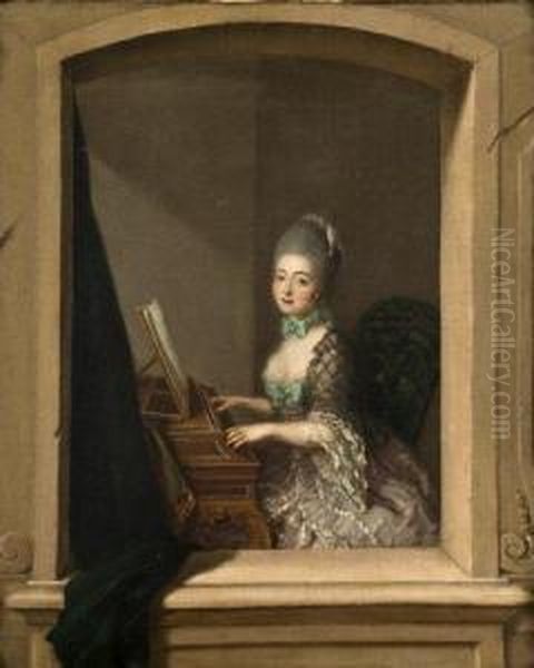 Portrait De Jeune Femme Au Piano Forte Devant Une Fenetre Oil Painting by Johann Eleazar Schenau