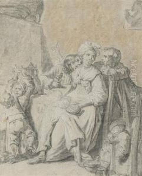 A Family Interior Scene (recto); A Woman, Half-length (verso) Oil Painting by Johann Eleazar Schenau