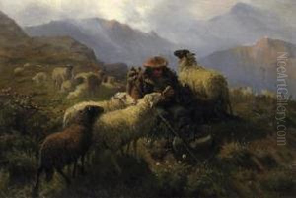 Shepherds And His Sheep In The 
Scottish Highlands. Signed And Dated Bottom Right: Schenck 64 Oil Painting by August Friedrich Schenck