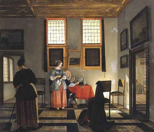 Interior with Seated Figures Oil Painting by Pieter Janssens Elinga