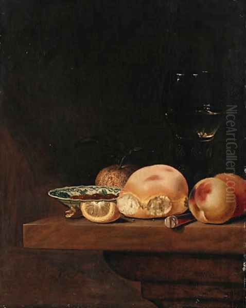 A Bread Roll, Peaches, an Orange, a Lemon Segment, a porcelain Dish with Nuts, a Knife and a Roemer on a Shelf Oil Painting by Pieter Janssens Elinga