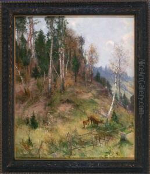 Ricke Und Kitz Am Herbstlichen Waldrand An Einer Birke Oil Painting by Jacques Matthias Schenker