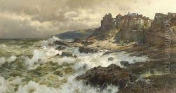 Medieval Village Overlooking Coastal Cliffs And Crashing Surf Oil Painting by Jacques Matthias Schenker