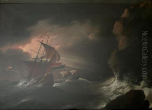 Vessels In Stormy Seas Off A Rocky Coast Oil Painting by John Christian Schetky