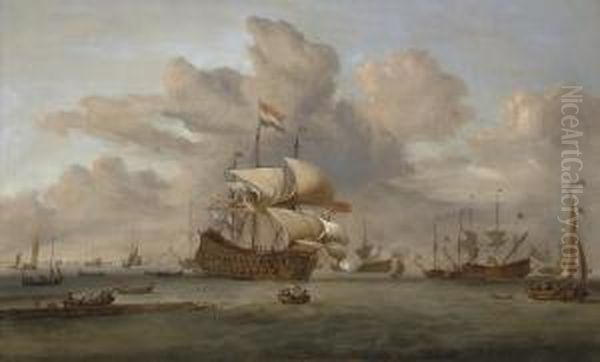 A Dutch Flagship Receiving A Salute As She Arrives At The Fleetanchorage Oil Painting by John Christian Schetky