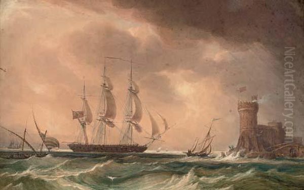 An English Frigate Arriving Off A Fortified Mediterranean Port Oil Painting by John Christian Schetky