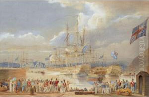 The British Fleet At Anchor, 
Making Ready To Set Sail, Figures Gathered On The Quay In The 
Foreground, Traditionally Identified As Portsmouth Harbour Oil Painting by John Christian Schetky