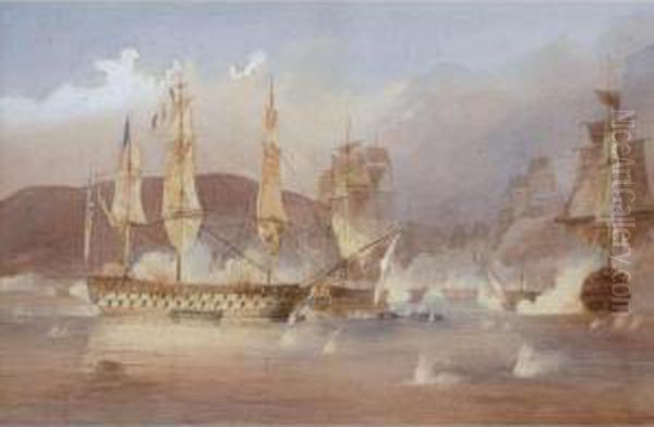 A Naval Engagement Oil Painting by John Christian Schetky