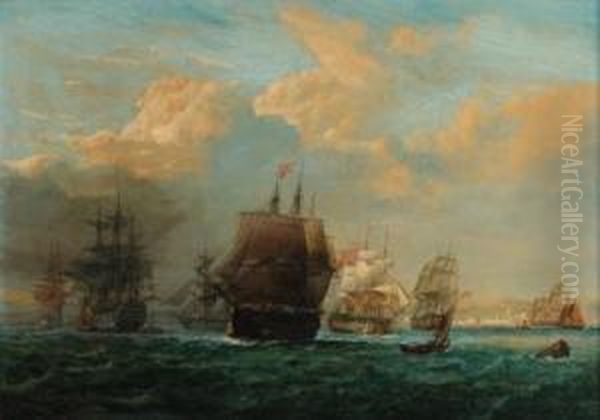 A Squadron Of The Fleet Off Malaga Oil Painting by John Christian Schetky