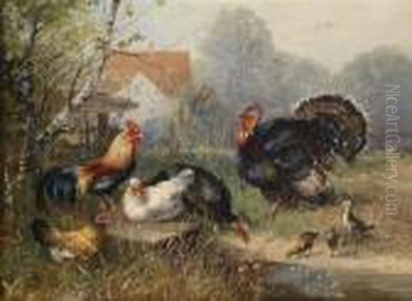 Chickens And A Turkey Oil Painting by Julius Scheurer