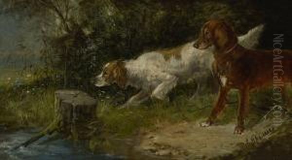 Jagdhunde Am Wasser - Jagdhunde Verbellt Rehbock Oil Painting by Julius Scheurer