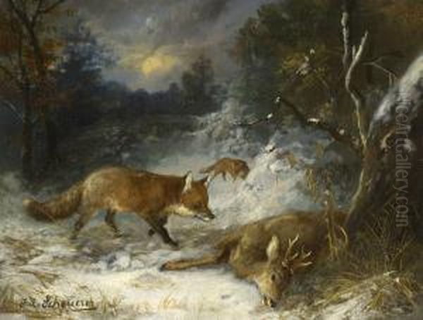 Fuchse Bei Einem Erlegten Rehbock Im Winterwald Oil Painting by Julius Scheurer