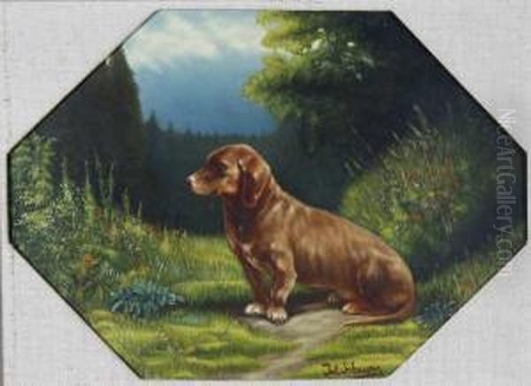 Sitzender Dackel In Waldlandschaft Oil Painting by Julius Scheurer