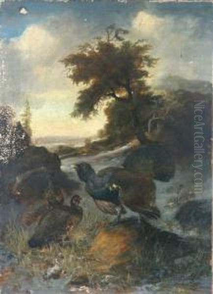 Balzender Auerhahn Mit Zwei Hennen Auf Einer Waldlichtung Oil Painting by Julius Scheurer