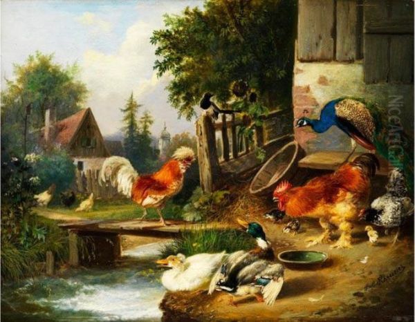 Federvieh Im Huhnerhof Mit Steg Uber Einen Bach Oil Painting by Julius Scheurer