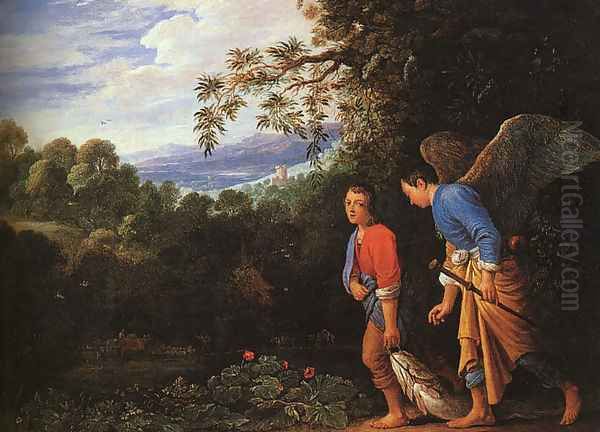 Tobias and the Archangel Raphael Returning with the Fish 1600s Oil Painting by Follwer of Elsheimer Adam