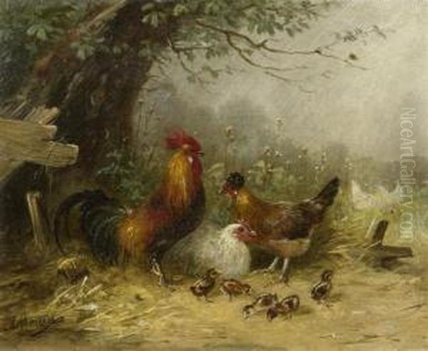 Family Of Hens Under A Tree Oil Painting by Julius Scheurer