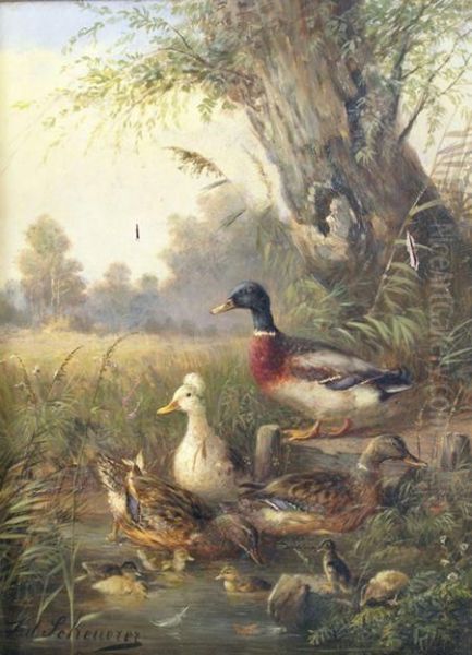 Ducks And Ducklings On Apond Oil Painting by Julius Scheurer