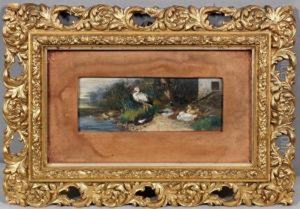 Storch Mit Entengruppeam Teich Oil Painting by Julius Scheurer