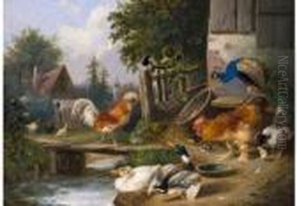 Huhnerhof Mit Pfau Und Enten Oil Painting by Julius Scheurer