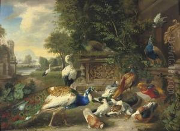 A Feathered Feast Oil Painting by Julius Scheurer