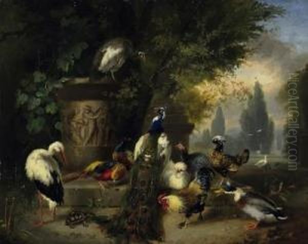 In The Park. Numerous Poultry 
And A Tortoise By An Old Well. Signed Right On The : Jul. Scheuerer Oil Painting by Julius Scheurer