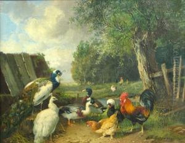 Peacocks, Ducks And Chickens Near A Pond Oil Painting by Julius Scheurer