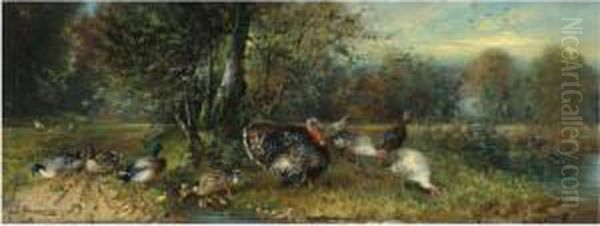 Ducks And Turkeys Oil Painting by Julius Scheurer