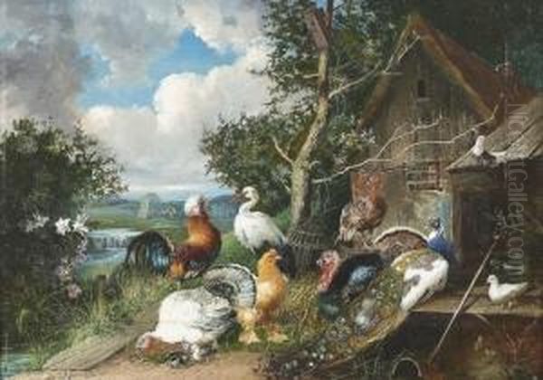 Prachtiges Federvieh Und Ein Storch Auf Einem Bauernhof. Oil Painting by Julius Scheurer