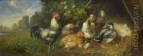 Huhner Und Enten. Oil Painting by Julius Scheurer