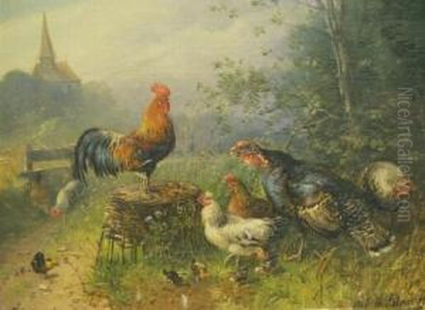 Fowl In A Country Landscape Oil Painting by Julius Scheurer