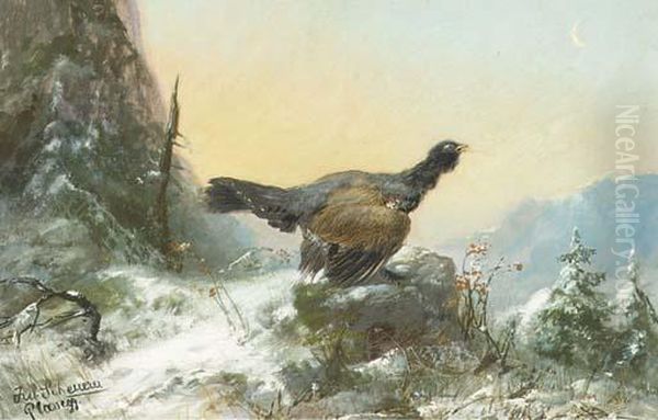 Black Grouse In Winter Landscape Oil Painting by Julius Scheurer