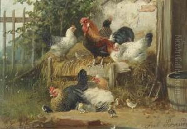 Poultry In A Farmyard Oil Painting by Julius Scheurer