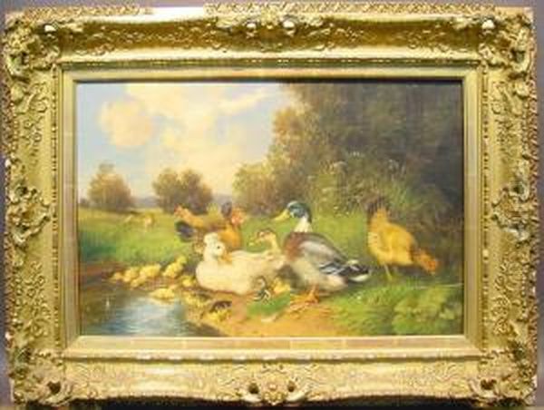 Ducks And Hens In A Landscape Oil Painting by Julius Scheurer