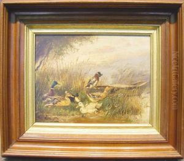 Ducks At Pond's Edge Oil Painting by Julius Scheurer