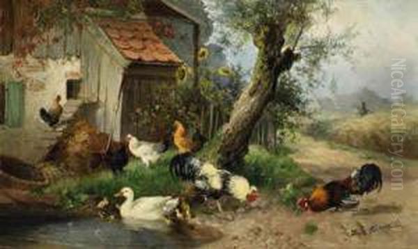 Roosters, Hens And Ducks On The Farm Oil Painting by Julius Scheurer