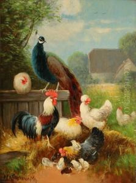 Hen And Peacock Oil Painting by Otto Scheuerer