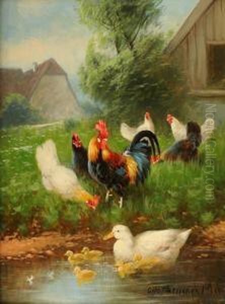 Hen And Ducks Oil Painting by Otto Scheuerer