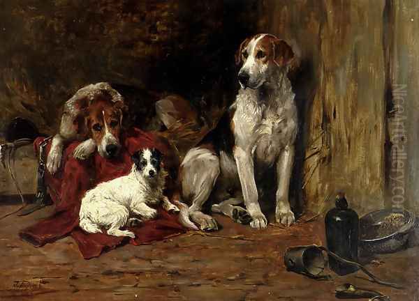 Hounds And A Jack Russell In A Stable Oil Painting by John Emms