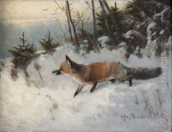 Fuchs Im Winterwald Oil Painting by Otto Scheuerer