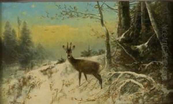 Rehbock In Winterlandschaft Oil Painting by Otto Scheuerer