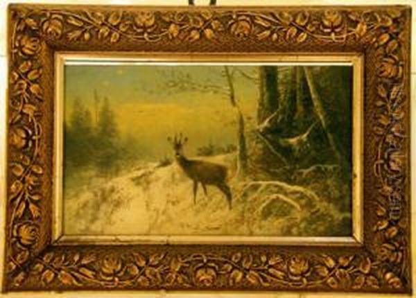 Ein Rehbock Im Verschneiten Winterwald Oil Painting by Otto Scheuerer