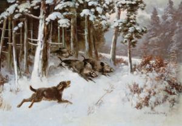 Ein Hund Eine Rotte Sauen Im Winterwald Verbellend Oil Painting by Otto Scheuerer