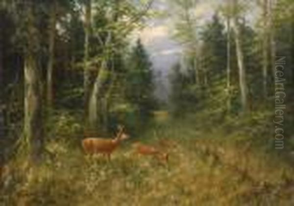 Waldlichtung Mit Rehwild. Oil Painting by Otto Scheuerer