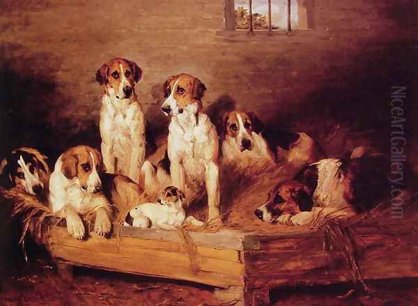 Foxhounds and Terriers in a Kennel Oil Painting by John Emms