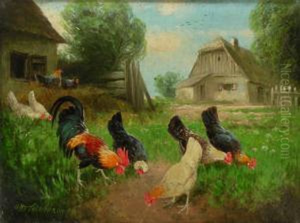 Hahn Mit Huhnern Im Bauernhof Oil Painting by Otto Scheuerer