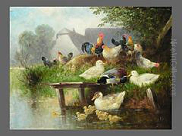 Federvieh Am Teich Oil Painting by Otto Scheuerer