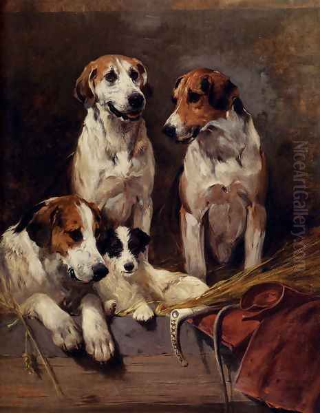 Three Hounds With A Terrier Oil Painting by John Emms